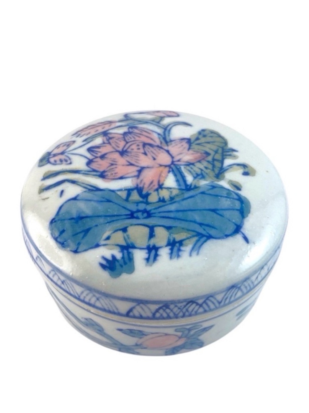 Vintage Chinese Porcelain Trinket Box Jewelry Holder Lotus Butterfly Chinoiserie